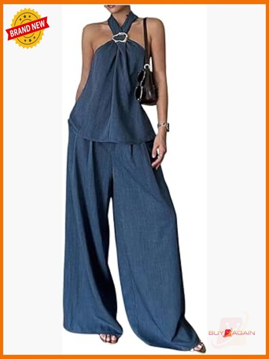 Pants - Polyester Halter Tank Top and Wide Leg Pants Matching Set Size Small